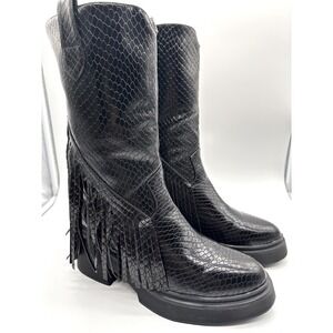Womens Black Gothic Faux Snakeskin Moto Biker Fringe Chunky Platform Boots 11/42